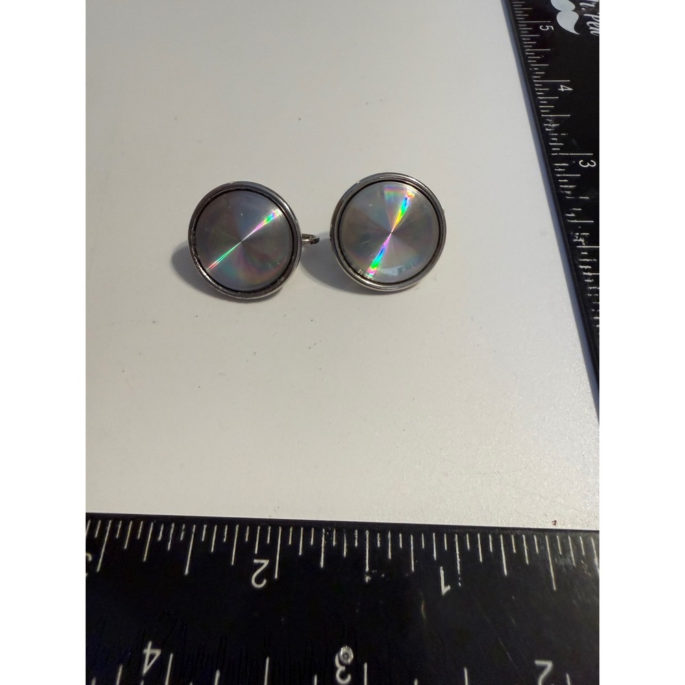 Holographic Iridescent Silver Tone Leverback Drop Earrings Rainbow Prism Round